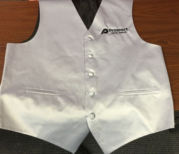 Silver Satin Tuxedo Vest with Black Logo