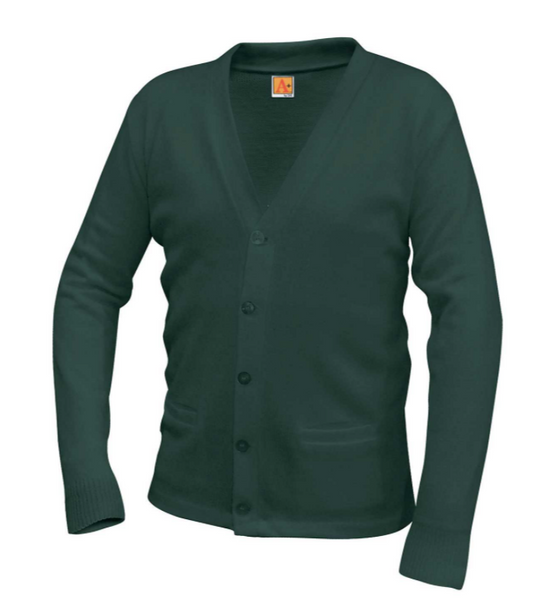 V-Neck Button Cardigan Sweater with Pockets - Green/ Silver Logo