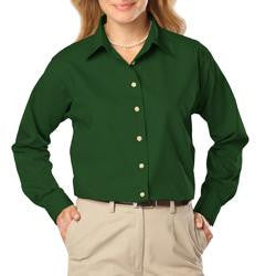 Women's Long Sleeve Poplin Shirt - Hunter Green with Silver Logo