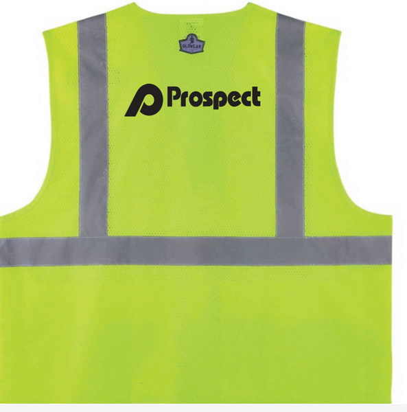 Safety Vest Lime with Pockets with Prospect logo in black on back