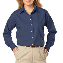 Women's Long Sleeve Poplin Shirt-Navy with Silver Logo